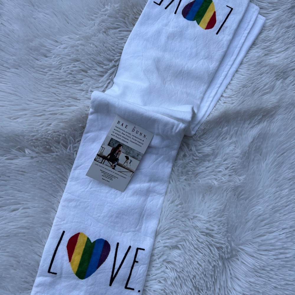 Rae Dunn White 2 Set Towel with Rainbow Heart and LOVE Text